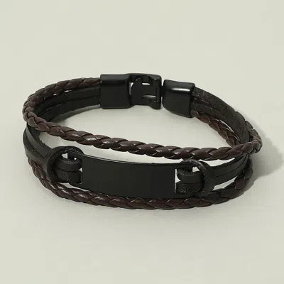 Fashnzfab Mens Metal Plate Accent Genuine Leather Braided Bracelet Brown In Black