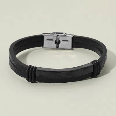 Fashnzfab Mens Metal Plate Accent Sleek Genuine Leather Bracelet Black