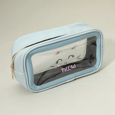 Fashnzfab Meow Cat Face Printed Transparent Travel Cosmetic Pouch Bag In Blue