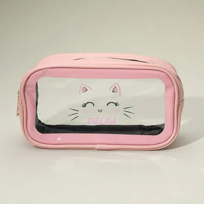 Fashnzfab Meow Cat Face Printed Transparent Travel Cosmetic Pouch Bag In Pink