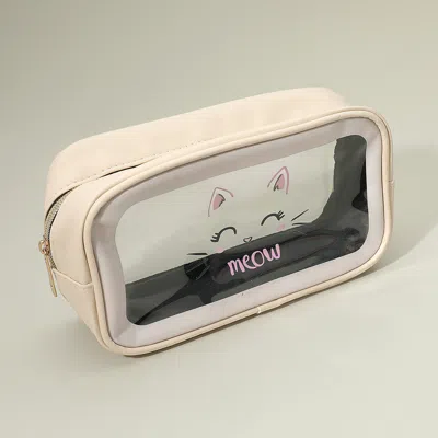 Fashnzfab Meow Cat Face Printed Transparent Travel Cosmetic Pouch Bag In White