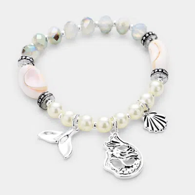 Fashnzfab Mermaid And Shell Charm Pearl Bead Stretch Bracelet In Silver