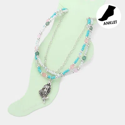 Fashnzfab Mermaid Charm Seed Beads Faceted Beads Beaded Triple Layered Anklet - Antique Silver, Multi