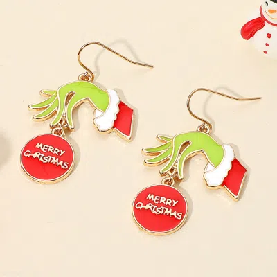 Fashnzfab Merry Christmas Message Ornament Green Monster Hand Dangle Earrings In Red