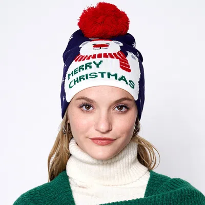 Fashnzfab Merry Christmas Message Polar Bear Pom Pom Beanie Hat In Blue