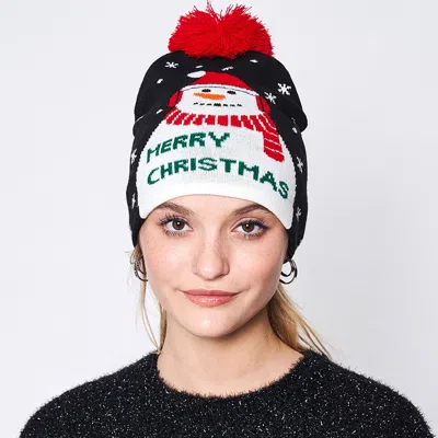 Fashnzfab Merry Christmas Message Snowman Pom Pom Beanie Hat In Black