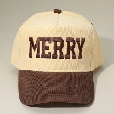 Fashnzfab Merry Message Embroidered Corduroy Baseball Cap In Beige
