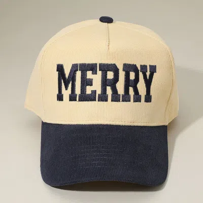 Fashnzfab Merry Message Embroidered Corduroy Baseball Cap In Blue