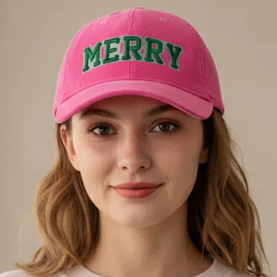 Fashnzfab Merry Message Embroidered Corduroy Baseball Cap In Pink