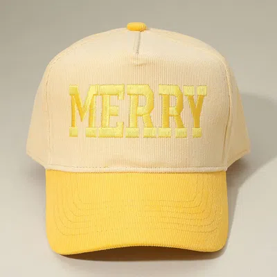 Fashnzfab Merry Message Embroidered Corduroy Baseball Cap In Yellow