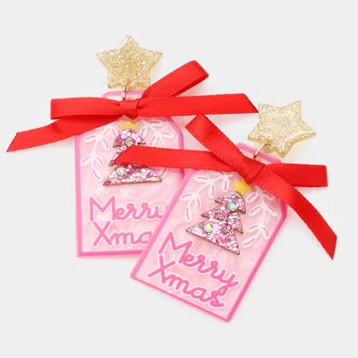 Fashnzfab Merry Xmas Message Christmas Tree Ribbon Resin Dangle Earrings - Pink In Red