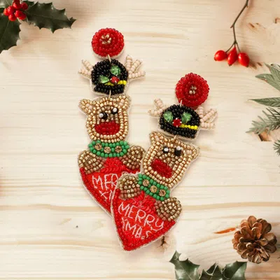 Fashnzfab Merry Xmas Message Felt Back Seed Beaded Rudolph Heart Dangle Earrings - Multi