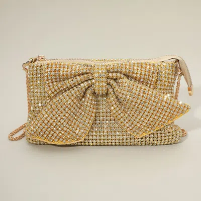 Fashnzfab Mesh Bling Rhinestone Bow Accent Evening Clutch Bag / Crossbody Bag In Gold