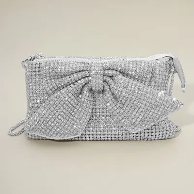 Fashnzfab Mesh Bling Rhinestone Bow Accent Evening Clutch Bag / Crossbody Bag In Silver