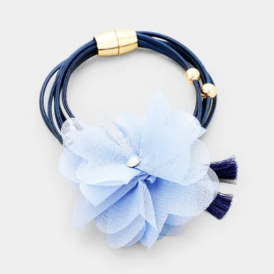 Fashnzfab Mesh Fabric Flower Double Tassel Magnetic Bracelet In Blue