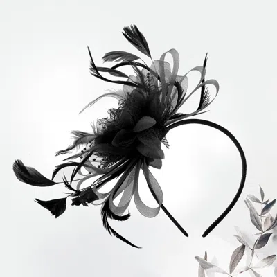 Fashnzfab Mesh Flower Feather Fascinator / Headband In Black