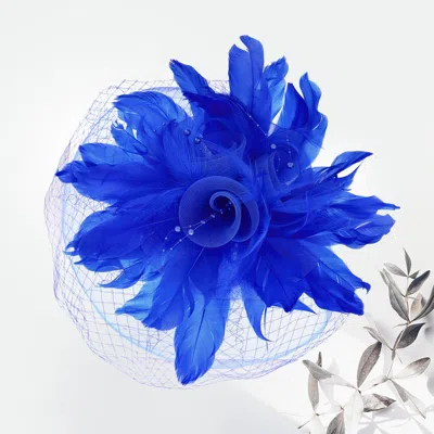 Fashnzfab Mesh Flower Feather Fascinator / Headband In Blue