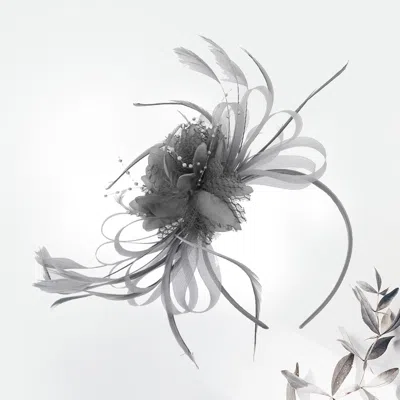 Fashnzfab Mesh Flower Feather Fascinator / Headband In Gray