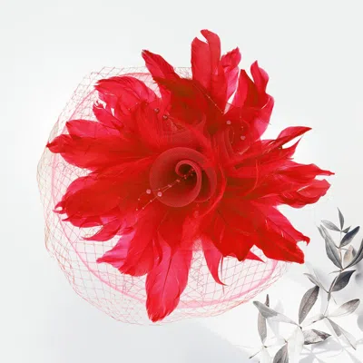 Fashnzfab Mesh Flower Feather Fascinator / Headband In Red