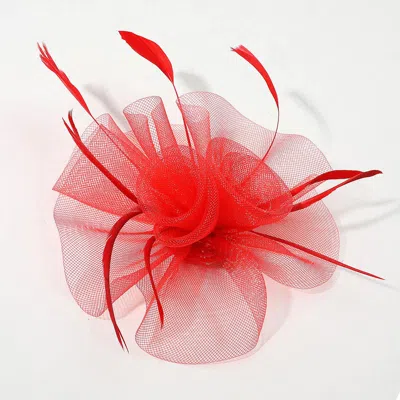 Fashnzfab Mesh Flower Feather Mesh Fascinator / Headband In Red