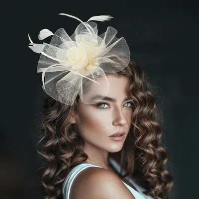 Fashnzfab Mesh Flower Feather Mesh Fascinator / Headband In White