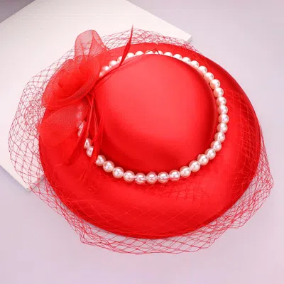 Fashnzfab Mesh Flower Feather Pearl Trimmed Fascinator / Headband In Red