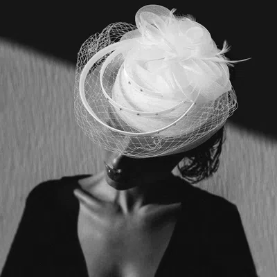 Fashnzfab Mesh Flower Feather Pointed Fascinator / Dressy Hat In White