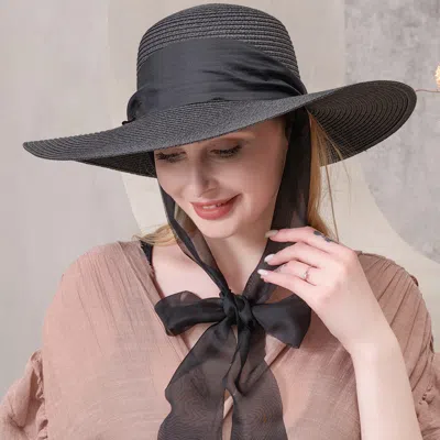 Fashnzfab Mesh Ribbon Floppy Straw Sun Hat In Black