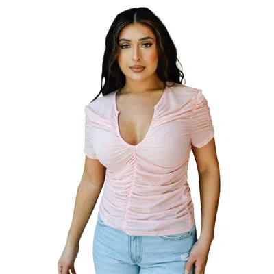 Fashnzfab Mesh Ruched Cut-out Detail Short Sleeve Top In Pink