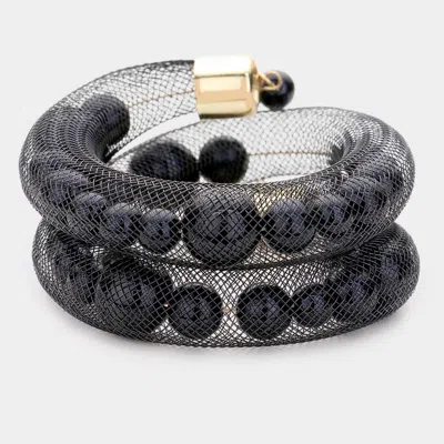Fashnzfab Mesh Tube Pearl Adjustable Bracelet Black, Gold