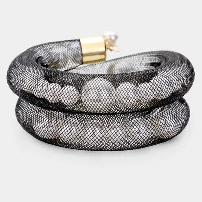 Fashnzfab Mesh Tube Pearl Adjustable Bracelet Black, White In Silver