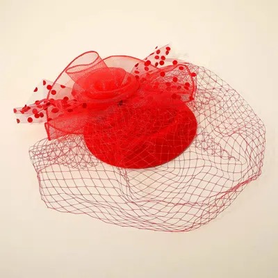 Fashnzfab Mesh Veil Flower Fascinator / Headband In Red