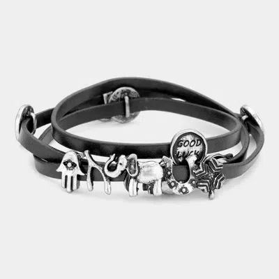 Fashnzfab Message Disc Cluster Evil Eye Hamsa Hand & Elephant Faux Leather Wrap Bracelet Black, Silver Burnish