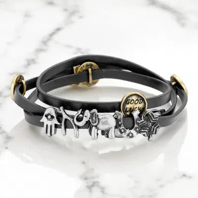 Fashnzfab Message Disc Cluster Evil Eye Hamsa Hand Elephant Leather Wrap Bracelet In Multi