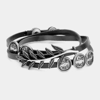 Fashnzfab Message Disc Cluster Laurel Faux Leather Wrap Bracelet Black, Silver Burnished In Multi
