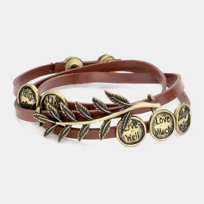 Fashnzfab Message Disc Cluster Laurel Faux Leather Wrap Bracelet Brown, Gold Burnished