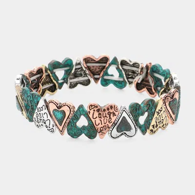 Fashnzfab Message Engraved Vintage Metal Heart Stretch Bracelet In Green