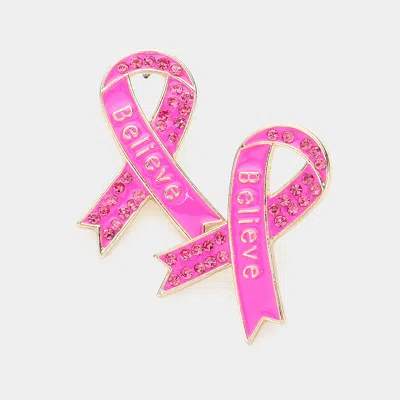 Fashnzfab Believe Message Stone Paved Enamel Pink Ribbon Earrings