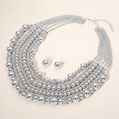 Fashnzfab Metal Ball Beaded Multi Layered Strand Statement Necklace In Silver