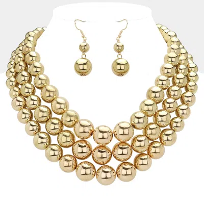 Fashnzfab Metal Ball Beaded Triple Layered Statement Necklace In Gold