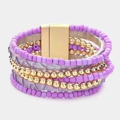 Fashnzfab Metal Ball Beads Beaded Faux Leather Magnetic Bracelet Purple
