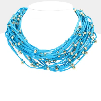 Fashnzfab Metal Ball Beads Pointed Raffia Thread Multi Layered Necklace In Blue