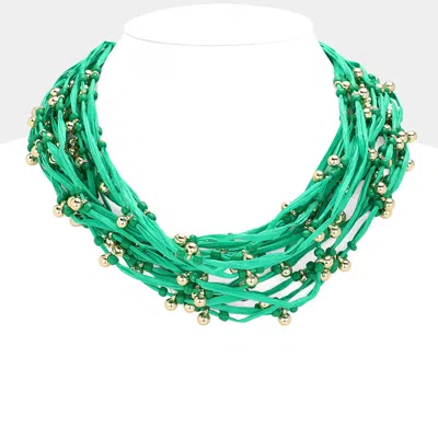 Fashnzfab Metal Ball Beads Pointed Raffia Thread Multi Layered Necklace In Green