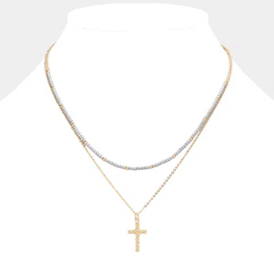 Fashnzfab Metal Ball Cross Pendant Seed Beaded Double Layered Necklace In Gold