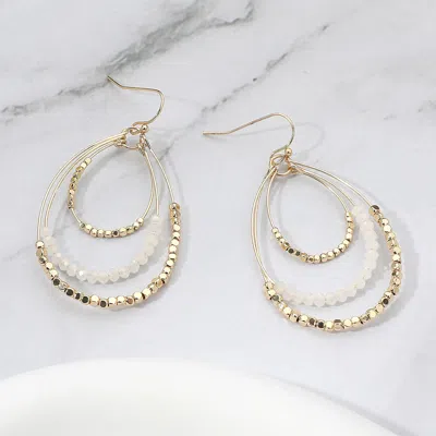 Fashnzfab Metal Ball Faceted Beaded Triple Wire Teardrop Layered Dangle Earrings - Gold, White