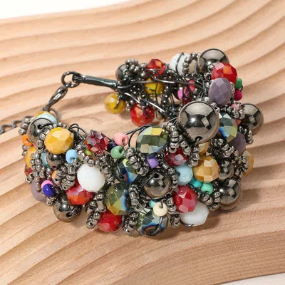 Fashnzfab Metal Ball Faceted Beads Ball Wire Beaded Wide Bracelet Multi