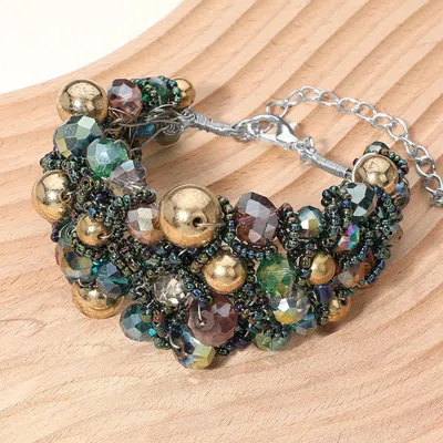 Fashnzfab Metal Ball Faceted Beads Ball Wire Beaded Wide Bracelet In Gray