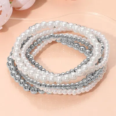 Fashnzfab Metal Ball Pearl Beaded Stretch Stackable Multi Layered Bracelets