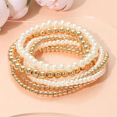 Fashnzfab Metal Ball Pearl Beaded Stretch Stackable Multi Layered Bracelets Cream, Gold