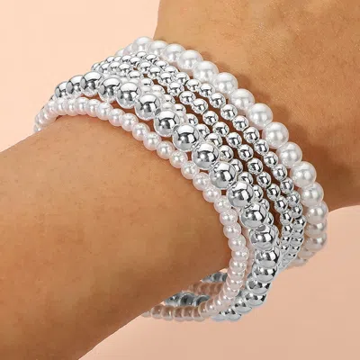 Fashnzfab Metal Ball Pearl Beaded Stretch Stackable Multi Layered Bracelets Silver, White